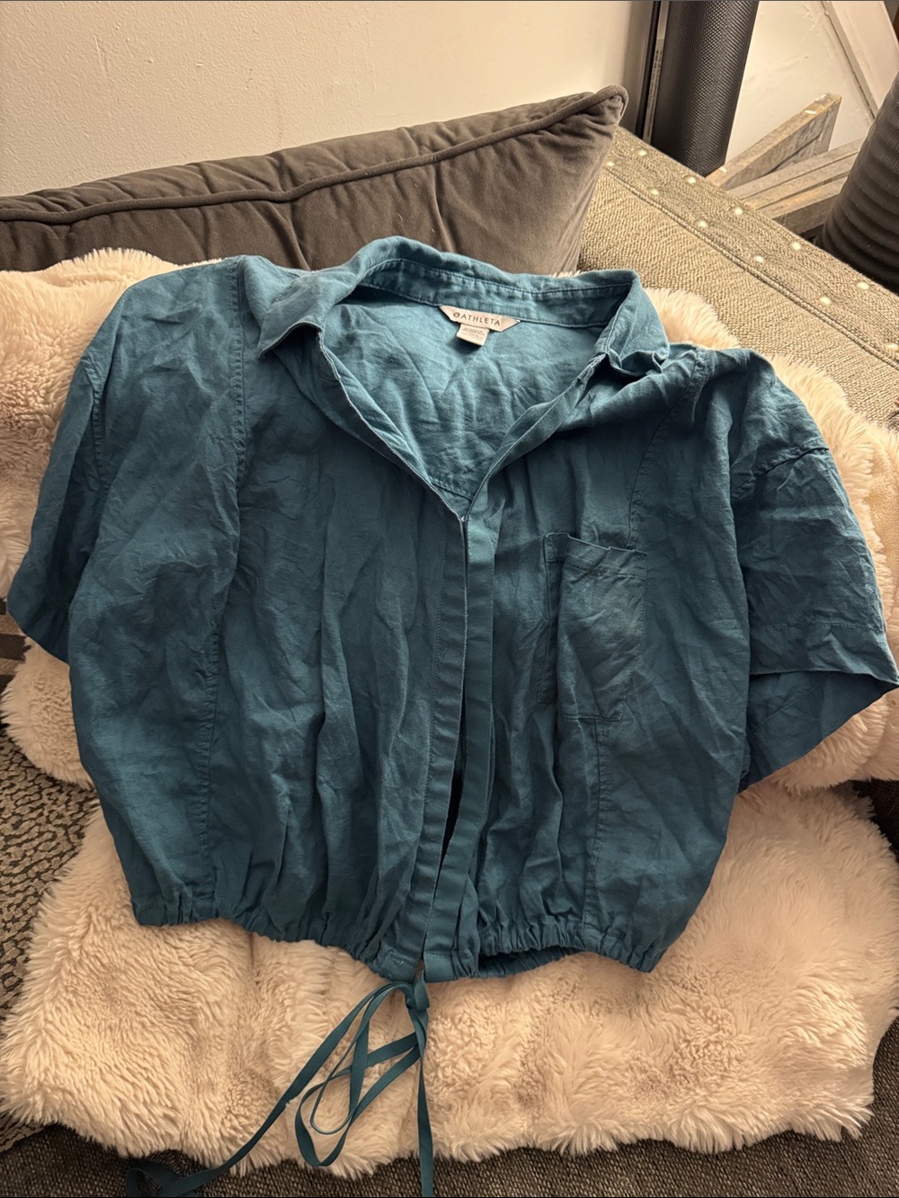 Athleta Teal Short Sleeve Button-Down Drawstring Hem